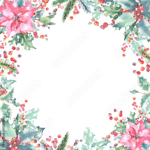 Watercolor Woodland Christmas floral frame, border illustration, Winter forest flower decoration for greeting card, poster, invitation, baby shower Merry Christmas, New Year, holiday, sticker, print © Catherine