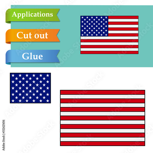 Create paper application the cartoon USA flag. 4th of July American Independence Day. Use scissor cut parts of United States flag and glue on the paper. Education logic game for baby, kids. Easy level