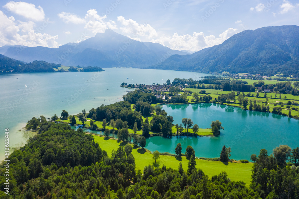 Aerial of Mondsee lake and golfing fields, Mondsee, Austria