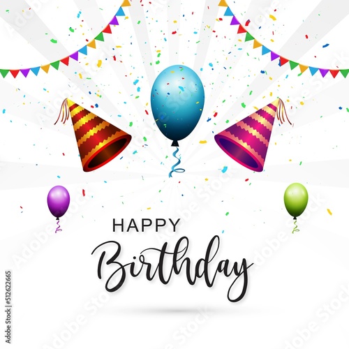Happy birthday card on birthday cap and balloons holyday background
