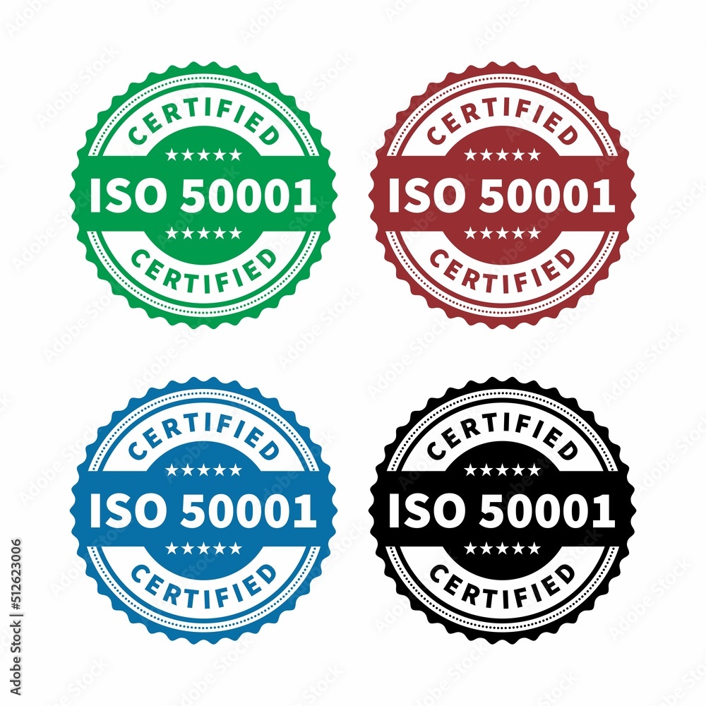 Set of ISO 50001 standard certificate badge - Energy management. Vector stock illustration.	