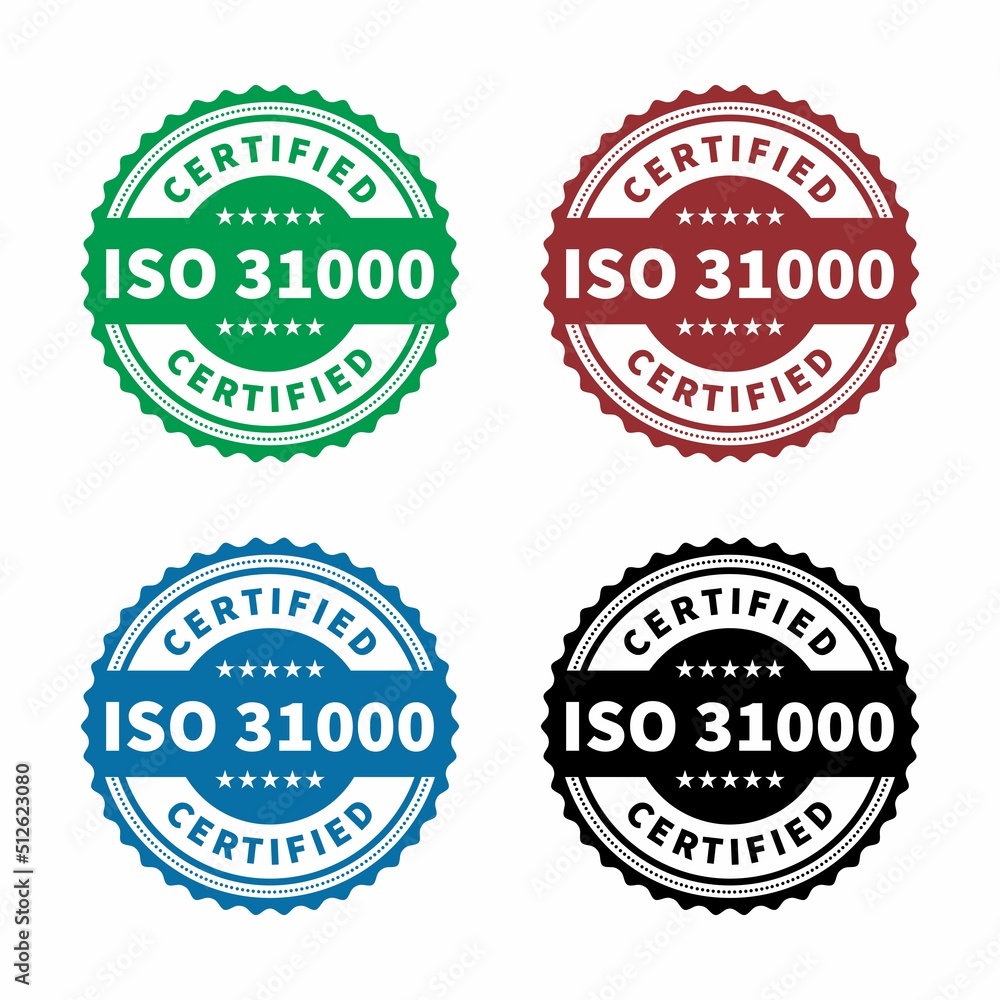 ISO 31000 Certified badge, icon. Certification stamp. Flat design vector. Vector stock illustration