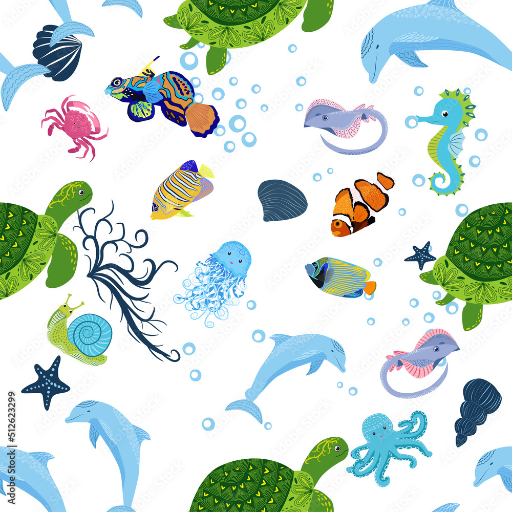 Sea inhabitants seamless pattern, beautiful character among seashells, seaweed, starfish, sea animals wildlife Sea inhabitants seamless pattern, beautiful character among seashells, seaweed, starfish, sea animals wildlife