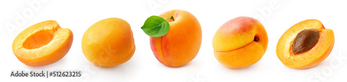 Set of apricot with half of apricot and apricot kernel isolated on white background. photo
