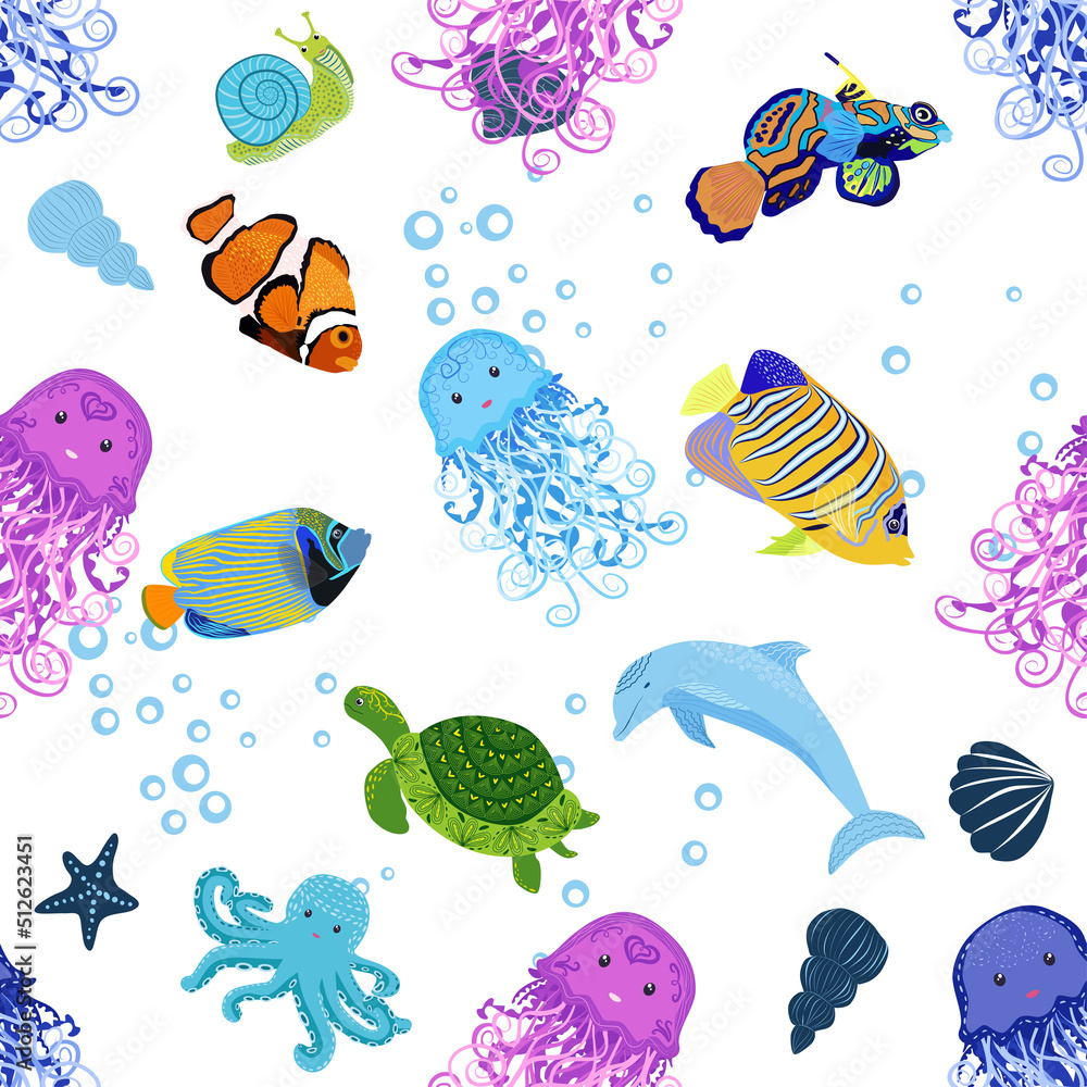 Marine life, fish, animals bright seamless pattern. sea travel, underwater diving animal tropical fish. Jellyfish, whale, shark, seahorse, clown fish, dolphin, turtle, emperor Marine life, fish, animals bright seamless pattern. sea travel, underwater diving animal tropical fish. Jellyfish, whale, shark, seahorse, clown fish, dolphin, turtle, emperor