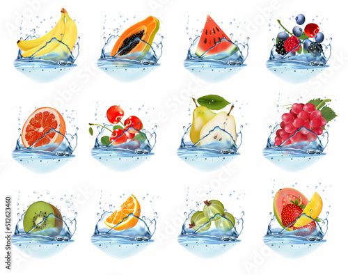 Big collection of fruit in a water splash. Raspberry, papaya, blackberry, blueberry, banana, orange, watermelon, grape, guava, strawberry, kiwi. Vector Set.
