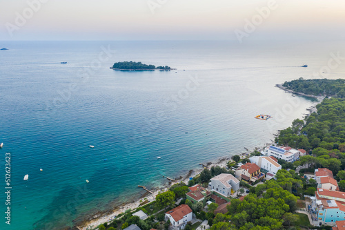 Aerial view of beach or coast by sunset in Rovinj, Croatia