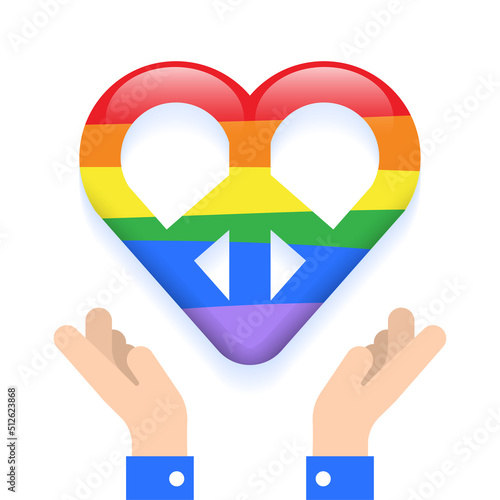 Two Hands Hold Pride Month Rainbow Flag Heart Peace on Hand Isolated Love Peaceful Sign Symbol Care Caring LGBTQIA+ Equality Concept 3D Card Icon Cartoon Vector Illustration