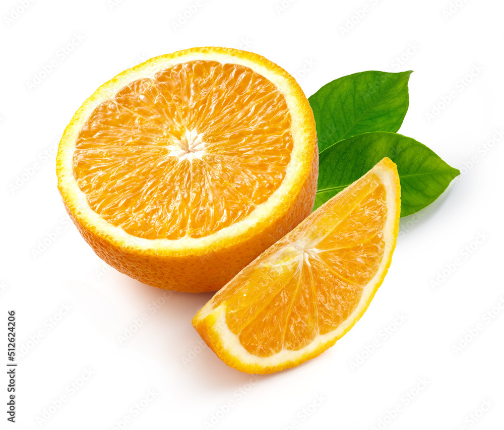 Fototapeta premium Orange slices with orange leaves isolated. Tasty slices of orange on white background