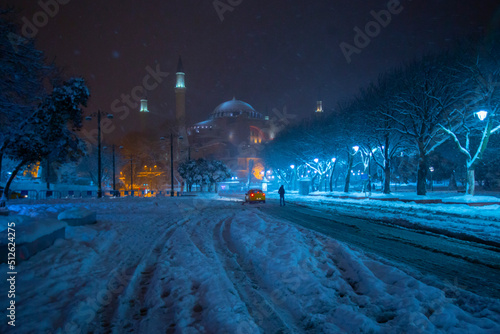 Photography Night snow view of Hagia Sophia and its surroundings