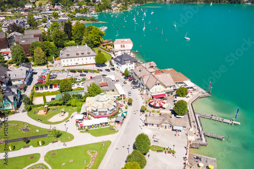 Aerial of Saint Gilgen (Sankt Gilgen) on Wolfgangsee lake, Austria