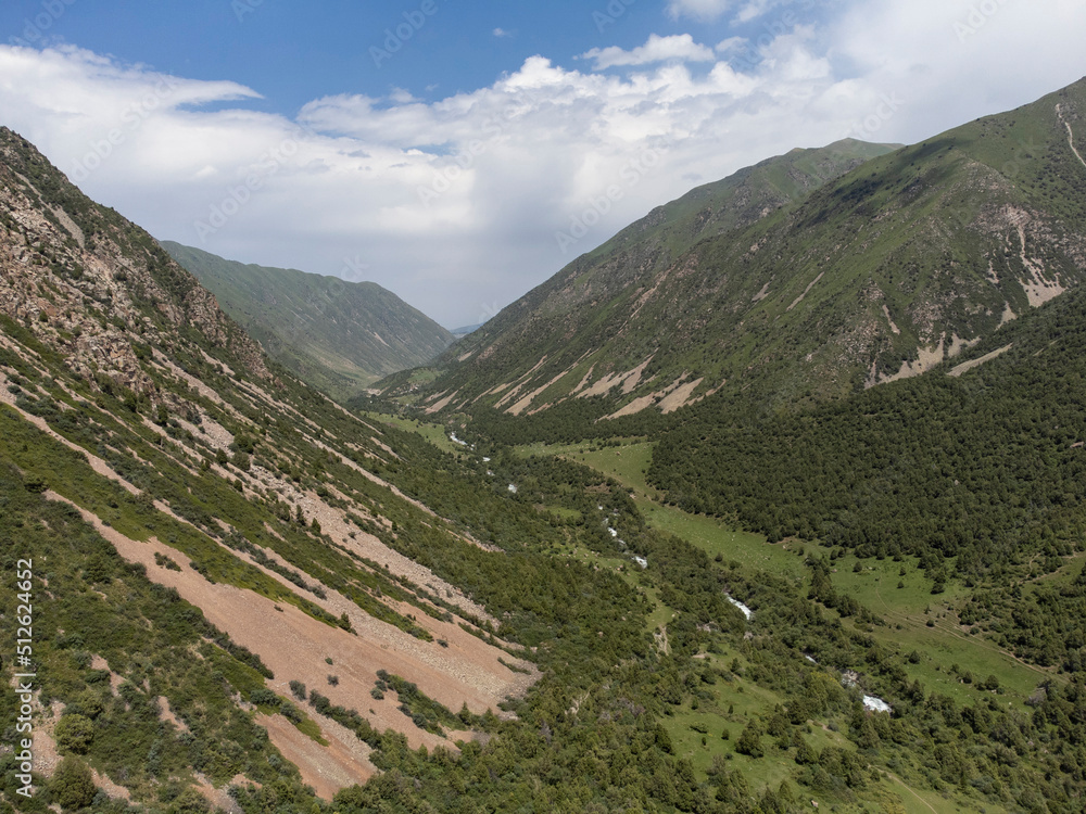Aerial view of a forested canyon near Bishkek, Kyrgyzstan.