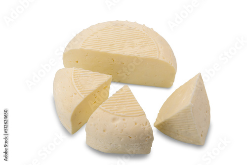 Robiola di Alba, Piedmont, Italy, soft cheese typical of the Langhe, shape with slices isolated on white, clipping path incluted