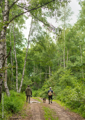 Two men in forest walk