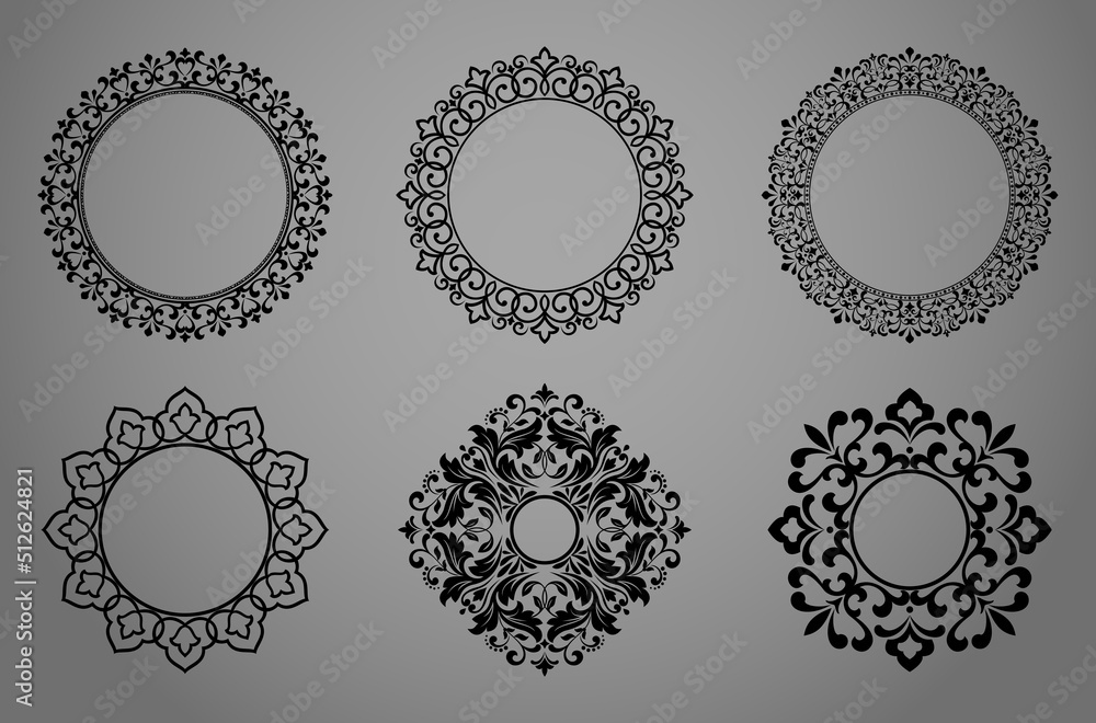 Set of decorative frames Elegant vector element for design in Eastern style, place for text. Floral black and gray borders. Lace illustration for invitations and greeting cards Set of decorative frames Elegant vector element for design in Eastern style, place for text. Floral black and gray borders. Lace illustration for invitations and greeting cards