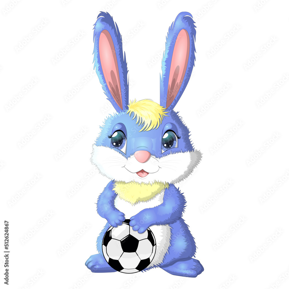 Cartoon rabbit, hare with a football ball. Cute childish character, symbol of 2023 new chinese year Cartoon rabbit, hare with a football ball. Cute childish character, symbol of 2023 new chinese year