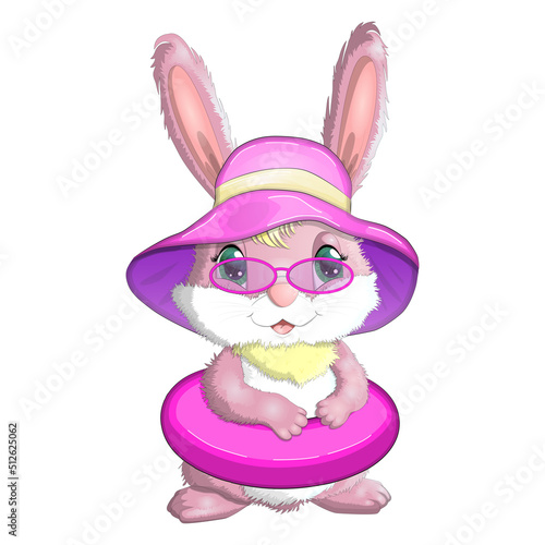 Cute rabbit, hare in a summer hat and swim ring, flippers. Beach, holiday, vacation concept. Symbol of 2023.