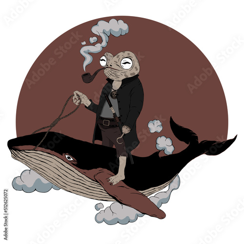 Samurai Frog Riding Whale Creative Japanese Fantasy Character Illustration Vector