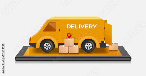 Delivery van opening rear door to carry goods and parcels inside to deliver to customers based on pin location and all object place on smartphone screen,vector 3d for delivery and online shopping