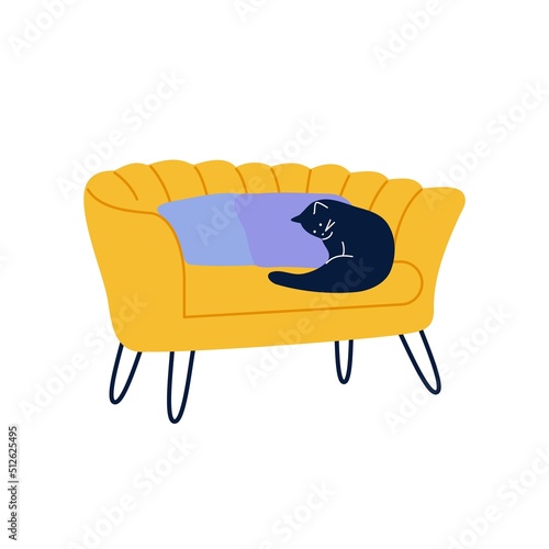 Cat on comfy sofa chair. Cartoon domestic pet animal on cozy couch armchair. Sleeping cute cat drawing. Vector art