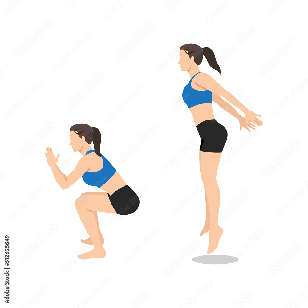 Woman doing jump squat exercise. Flat vector illustration isolated on white background Woman doing jump squat exercise. Flat vector illustration isolated on white background
