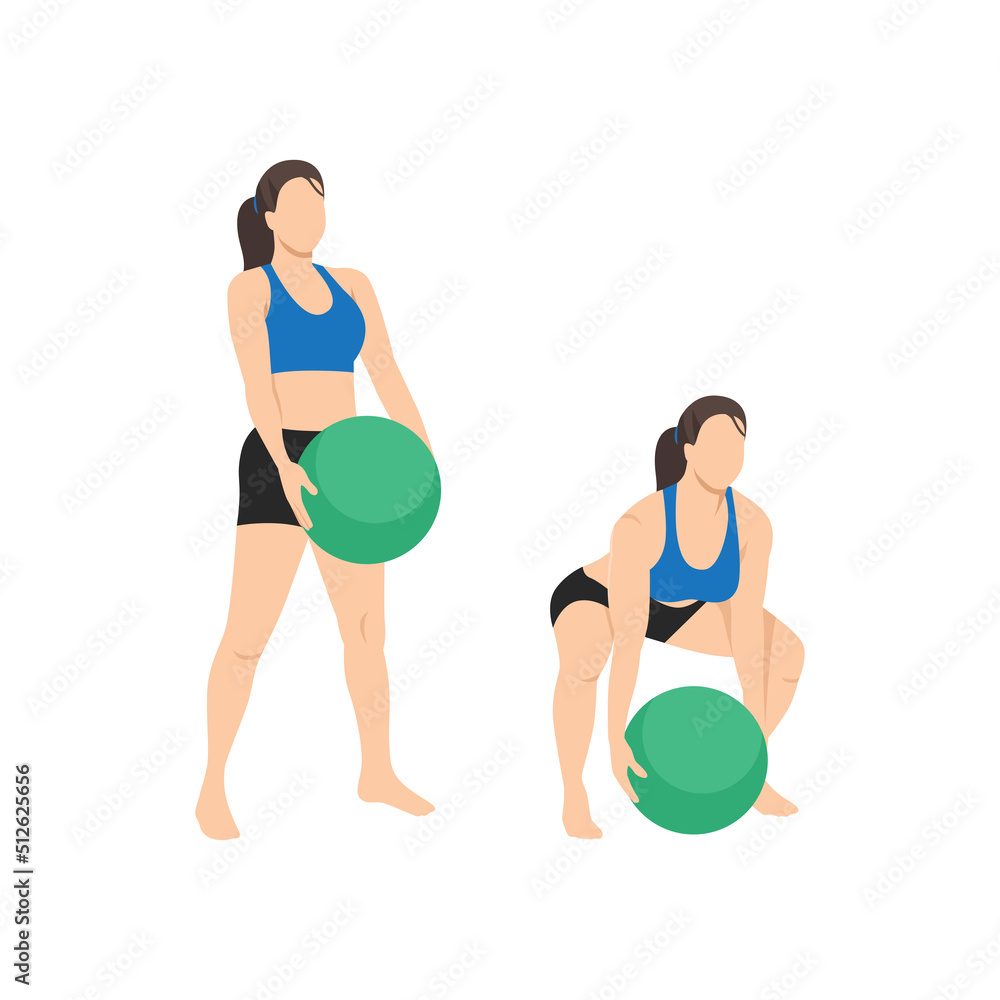 Woman doing Medicine ball deadlift exercise. Flat vector illustration