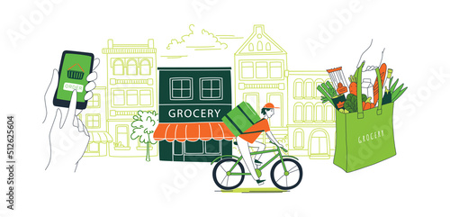 Mobile app to order grocery. Courier delivering. Background city landscape