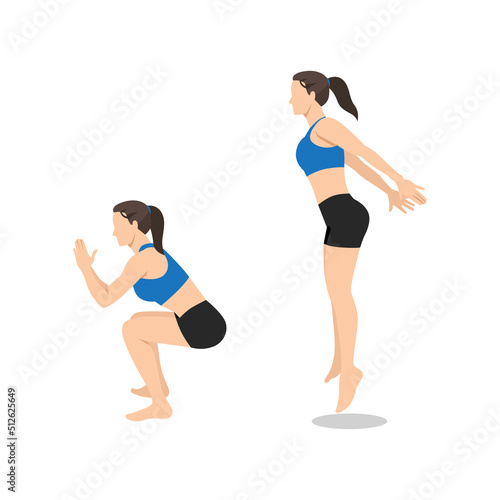 Woman doing jump squat exercise. Flat vector illustration isolated on white background
