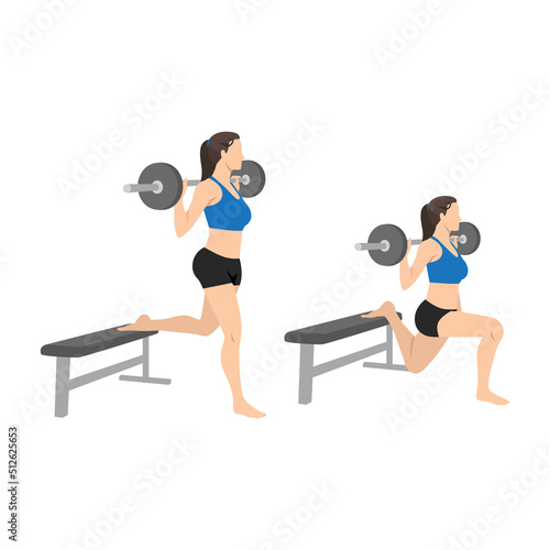 Woman doing Barbell bulgarian split squat exercise. Flat vector illustration isolated on white background