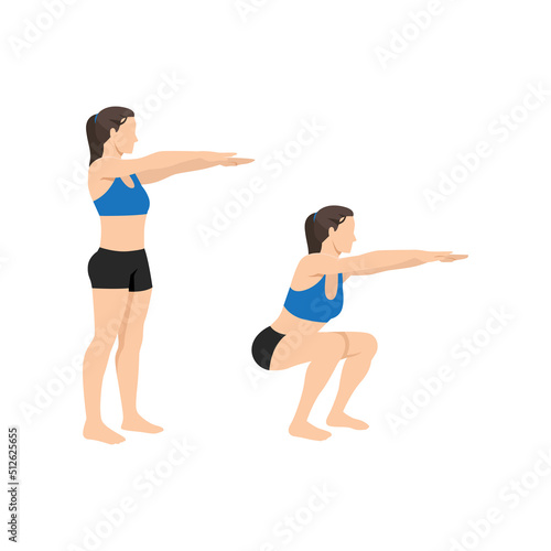 Woman doing bodyweight squat exercise. Flat vector illustration isolated on white background