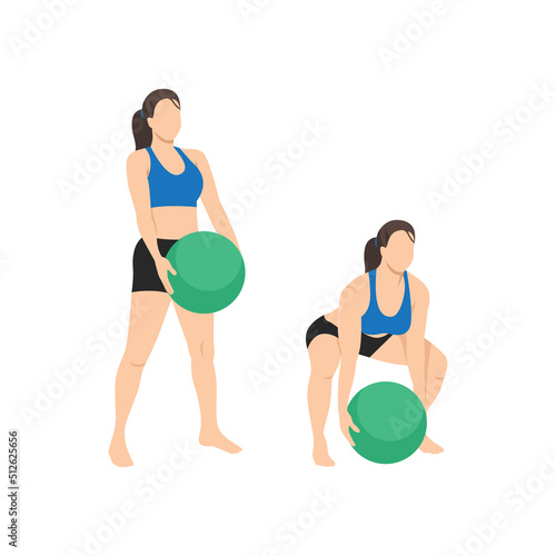 Woman doing Medicine ball deadlift exercise. Flat vector illustration isolated on white background