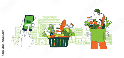 Mobile app to order grocery. Courier delivering. Background city landscape