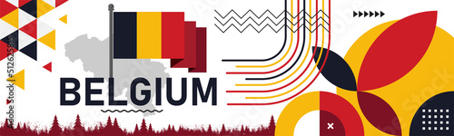 Belgium national day banner with map, flag colors theme background and geometric abstract retro modern black yellow red design. Brussels Belgian theme. Vector Illustration.