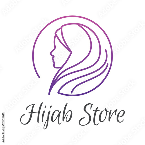 Muslim woman wearing hijab. Fashion logo design vector symbol. Scarf logo template for shop, store, print. Pink, violet and white.