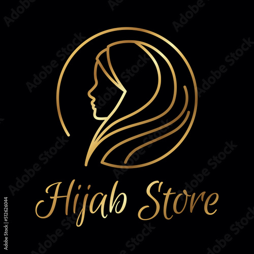 Muslim woman wearing hijab. Fashion logo design vector symbol. Scarf logo template for shop, store, print. Gold and black.