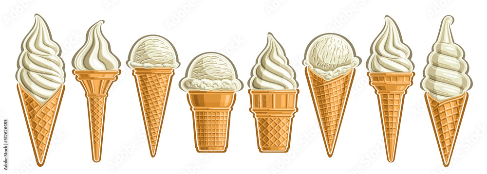 Vector Ice Cream Set, banner with lot collection of cut out different illustrations of group american scoop ball ice creams in waffle cone and vanilla soft serve icecreams in a row on white background - obrazy, fototapety, plakaty 