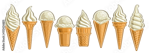 Vector Ice Cream Set, banner with lot collection of cut out different illustrations of group american scoop ball ice creams in waffle cone and vanilla soft serve icecreams in a row on white background