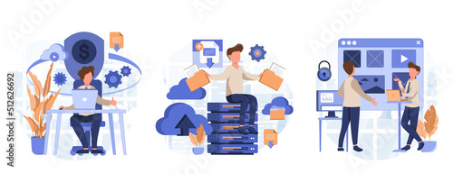 Modern people storing data online. Set of vector illustrations of flat cartoon characters storing and analyzing various data in modern safe cloud storage. Collection of scenes.