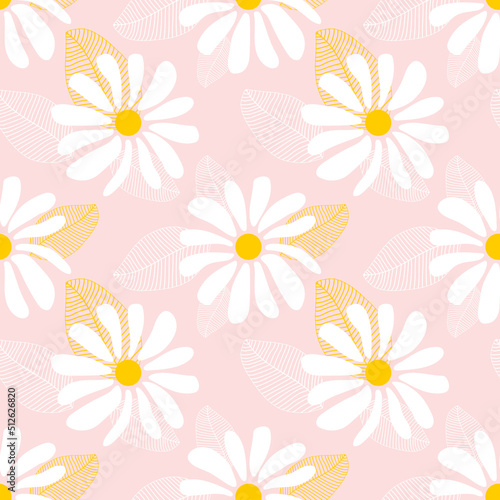 Wild chamomile flowers. Seamless summer pattern with large white flowers on a pink background. For printing on modern fabrics. 