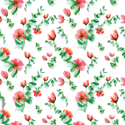 Wallpaper Mural Seamless floral pattern. Watercolor background with green eucalyptus leaves,  red garden rose flowers for wrapping paper, textile prints, wallpaper Torontodigital.ca