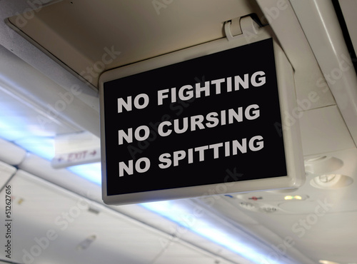 Humorous interior plane TV monitor message prohibiting passengers from rude and unruly behavior.  photo