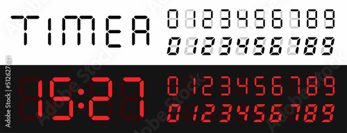 Digital led numbers set. Electronic clock. Red digital clock. Digital display font. Clock and numbers. Screen symbols vector set. Vector illustration.