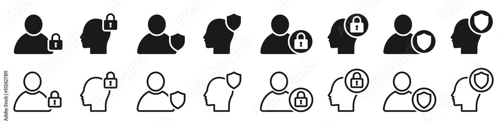 Set of user and head with security icons. Personal protection signs, privacy and safety. Head human with padlock and shield symbols, user with padlock and shield symbols. Vector illustration. Set of user and head with security icons. Personal protection signs, privacy and safety. Head human with padlock and shield symbols, user with padlock and shield symbols. Vector illustration.