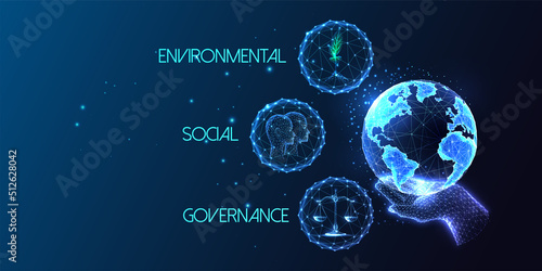 Concept of environmental social governance ESG with hand holding Erath globe on dark blue backgound