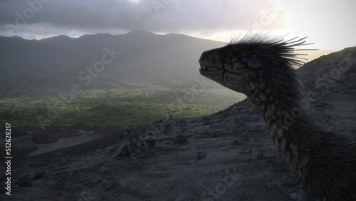 Dromeosaurs in the shadow of a volcanic landscape photo