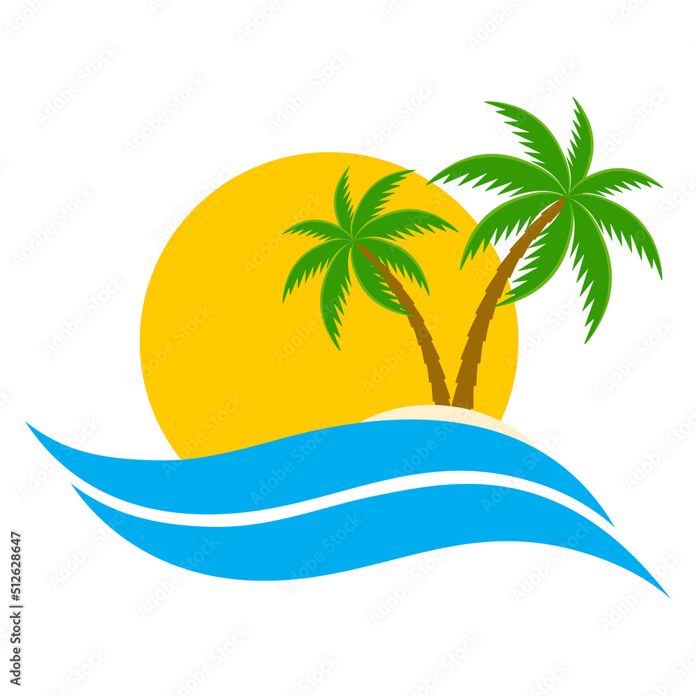 Island with palm trees in the background of the sun and the sea