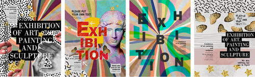 Exhibition of art, music, painting and sculpture. Abstract vector illustrations for poster, banner or magazine background, flyer or cover