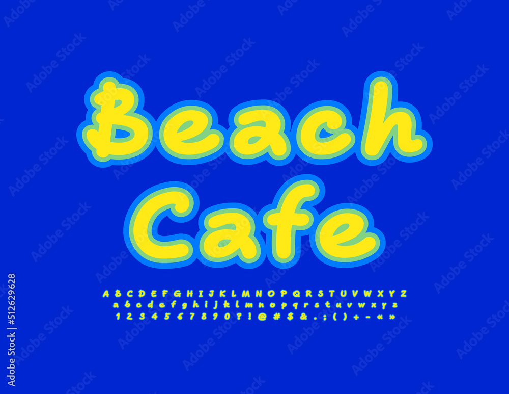 Vector bright banner Beach Cafe. Creative Alphabet Letters and Numbers set. Handwritten colorful Font. 