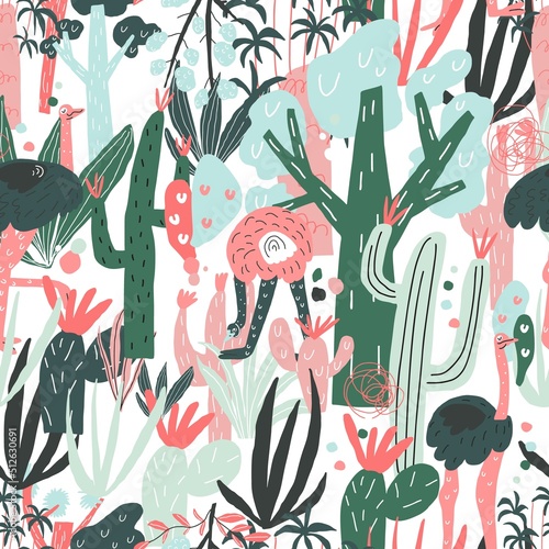 Ostrich cactus tree. Vector print, element of seamless pattern