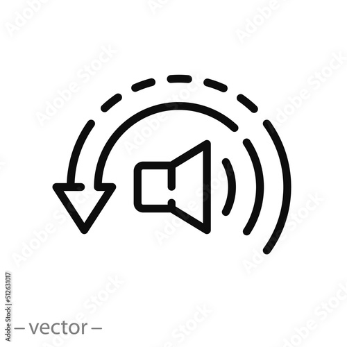 volume reduce icon, reduction quiet, low noise level, less hear, speaker thin line symbol on white background - editable stroke vector illustration